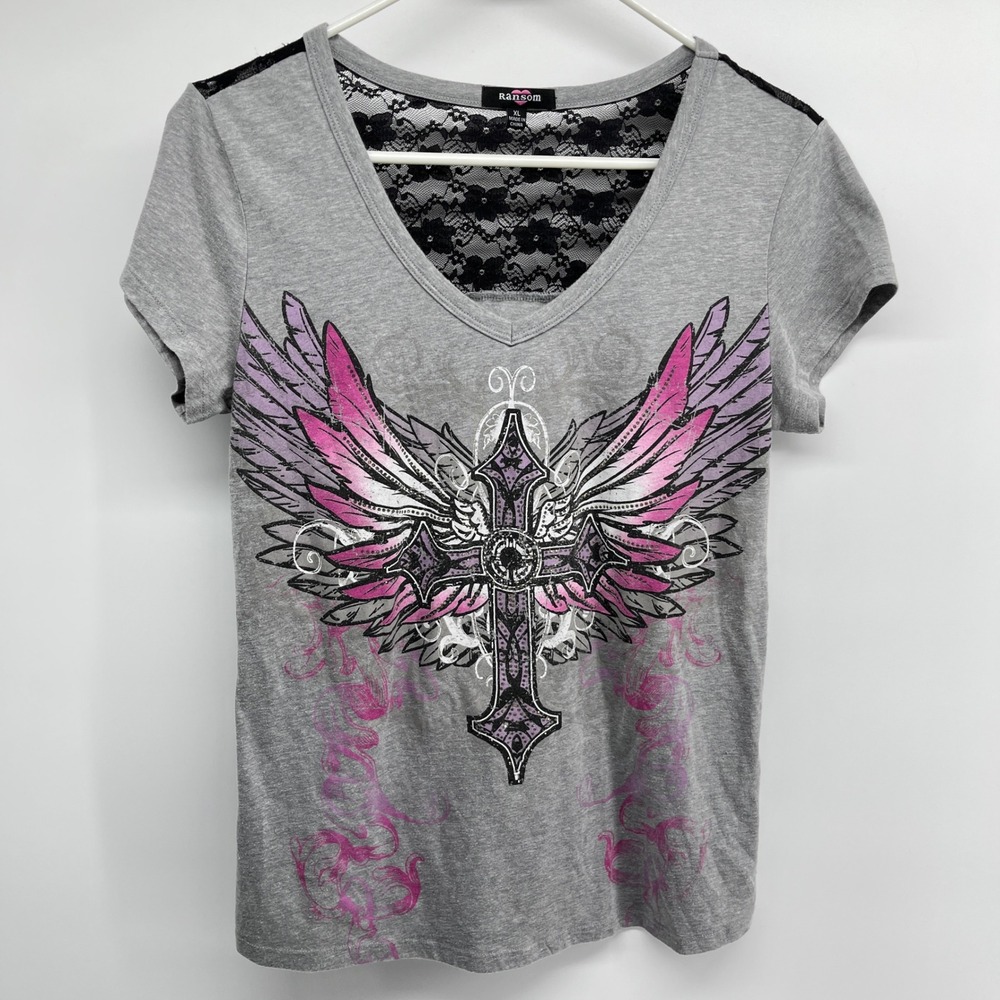Ransom Y2K Winged Cross Gray Graphic Tee Lace Back Junior's XL (Fits Small)